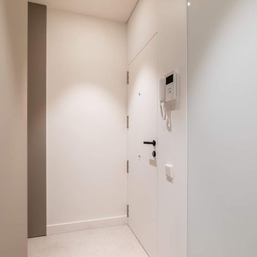 vertical-view-of-entrance-hall-area-in-modern-apartment-white-walls-and-door-with-intercom-system